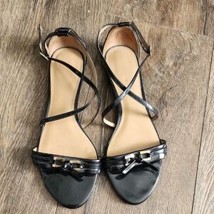 Talbots Black Patent Strappy Sandals with Bow Trim
